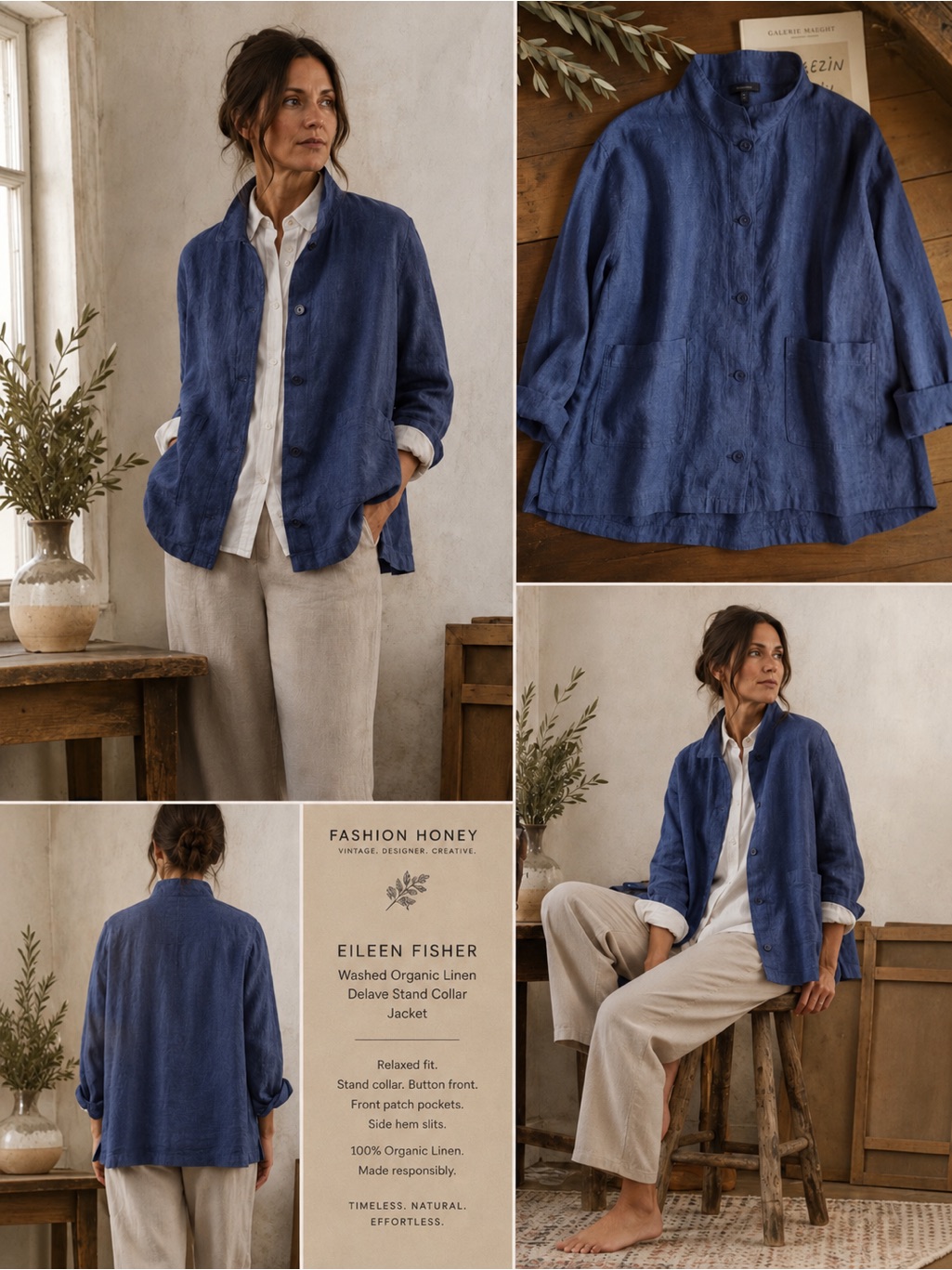 Eileen Fisher Organic Linen Boxy Jacket Blue Large Button Front Stand Collar